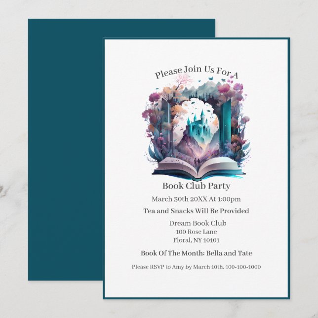 Watercolor Book Castle, Book Club Invitation (Front/Back)