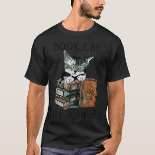 Watercolor Book Cat Life Is Sweet Librarian Kitten T-Shirt