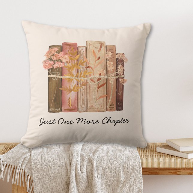 Watercolor Book Flower Brown Pink Reading Quote Throw Pillow (In situ)