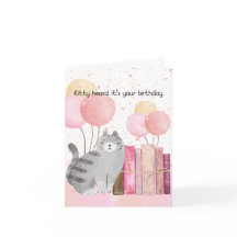 Watercolor Book Lover Cat and Books Birthday Card 