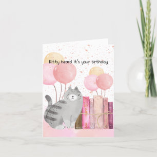 Watercolor Book Lover Cat and Books Birthday Card 