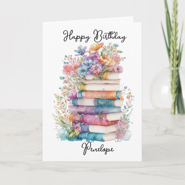Watercolor Books and Flowers Birthday Card (Front)