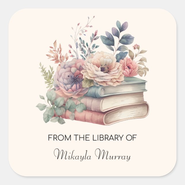 Watercolor Books & Flowers Personalized Bookplates Square Sticker (Front)