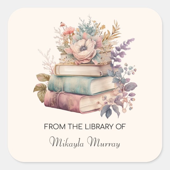 Watercolor Books & Flowers Personalized Bookplates Square Sticker (Front)