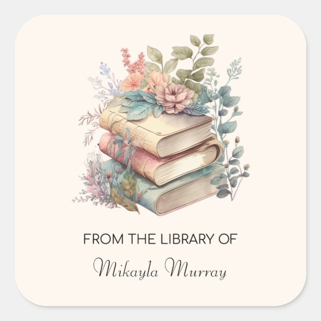 Watercolor Books & Flowers Personalized Bookplates Square Sticker (Front)
