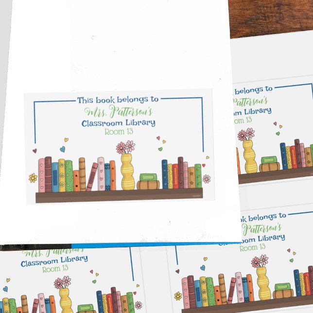 Watercolor Bookshelf Classroom Library Bookplates Sticker (Watercolor bookshelf classroom library white rectangle stickers .)