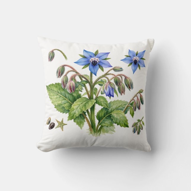 Watercolor Borage Herb Flowers and Leaves  Throw Pillow (Front)