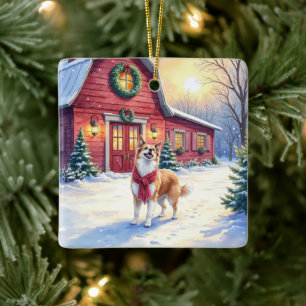 Watercolor Border Collie Country Barn Christmas Ceramic Ornament