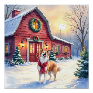Watercolor Border Collie Country Barn Christmas Poster