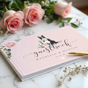 Watercolor Border Collie Dog & Floral Pink Rose Guest Book