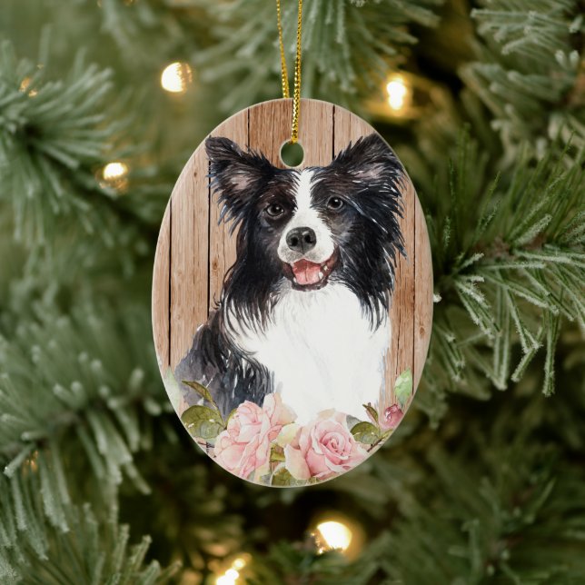 Watercolor Border Collie & Flowers   Ceramic Ornament (Tree)