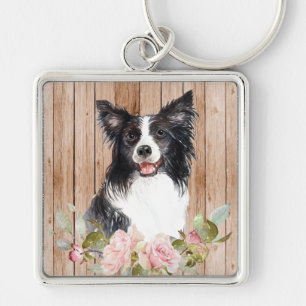 Watercolor Border Collie & Flowers Keychain