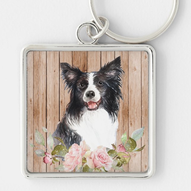 Watercolor Border Collie & Flowers  Keychain (Front)