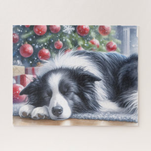 Watercolor Border Collie Sleeping Christmas Jigsaw Puzzle