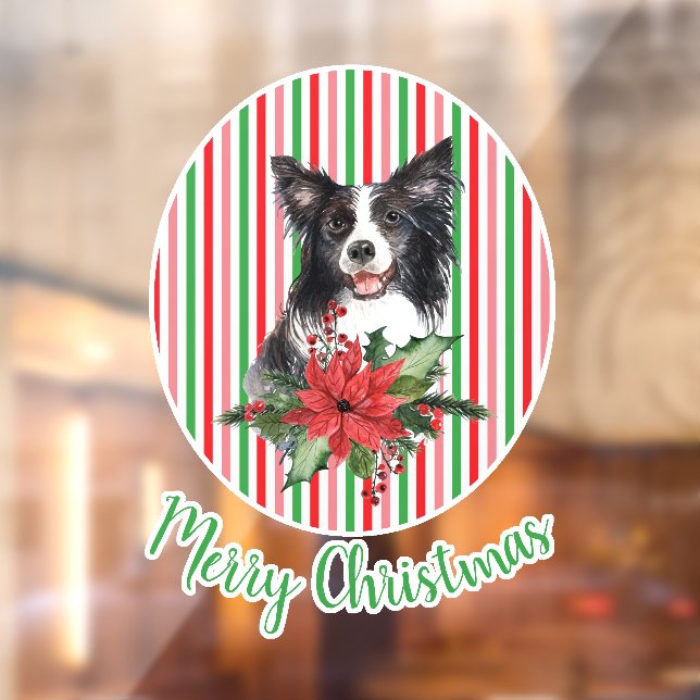 Watercolor Border Collie With Poinsettia  Custom Window Cling (Sheet 2)