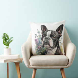 WATERCOLOR BOSTON TERRIER DOG WITH FLOWERS THROW PILLOW