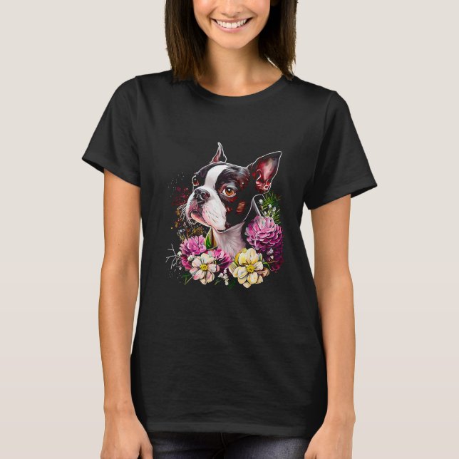 Watercolor Boston Terrier with flowers  Bostie  19 T-Shirt (Front)