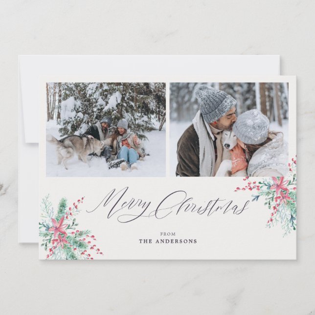 Watercolor Botanical 2 Photos Merry Christmas  Holiday Card (Front)