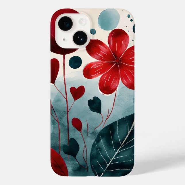 Watercolor Botanical Art Phone Case - Stylized Red (Back)