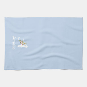 Watercolor botanical black initial monogram blue kitchen towel