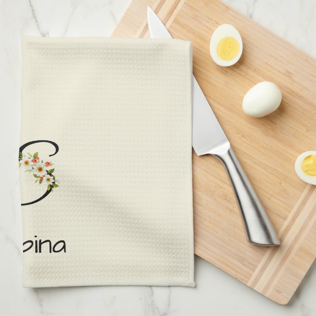 Watercolor botanical black initial monogram kitchen towel (Quarter Fold)