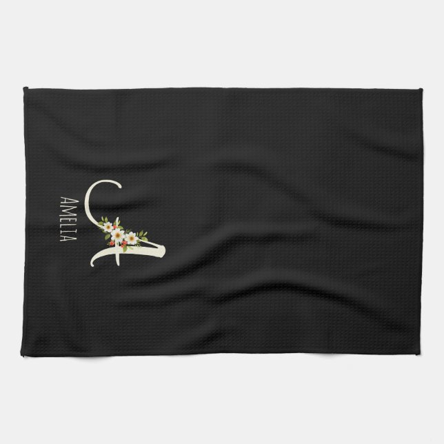 Watercolor botanical black initial monogram kitchen towel (Horizontal)