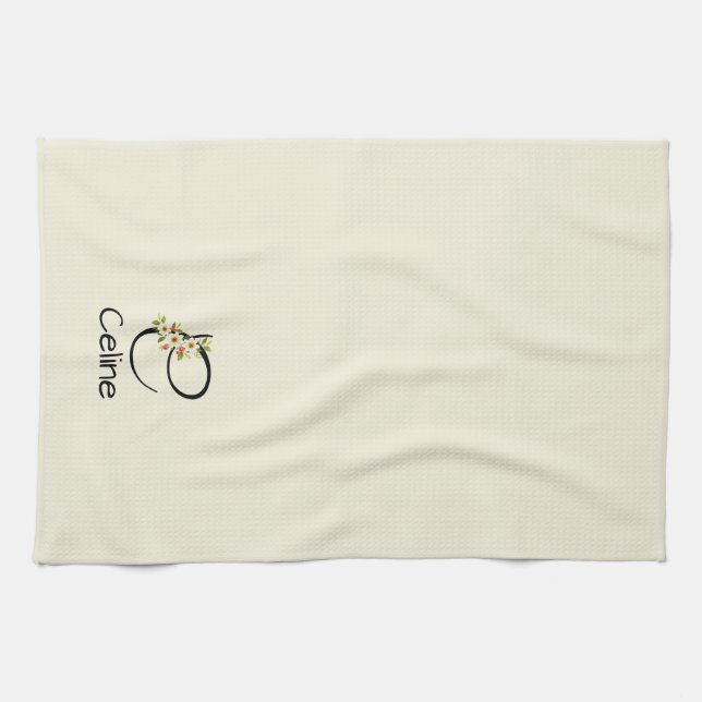 Watercolor botanical black initial monogram kitchen towel (Horizontal)