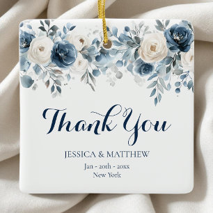 Watercolor Botanical Blue Floral Wedding Thank You Ceramic Ornament