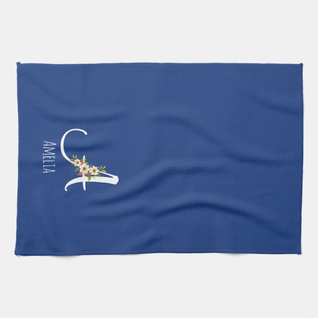 Watercolor botanical blue initial monogram kitchen towel (Horizontal)