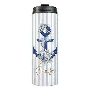 watercolor botanical blue nautical stripes gold  thermal tumbler