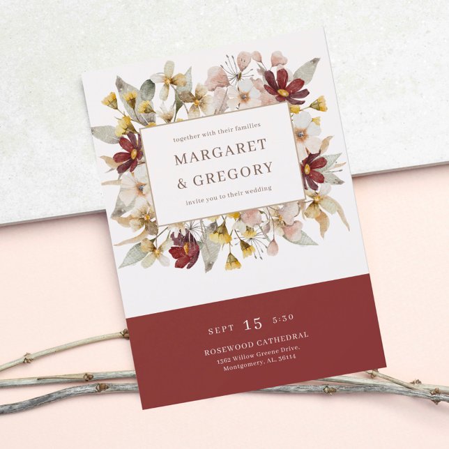 Watercolor Botanical Bordeaux Wedding  Invitation (Creator Uploaded)