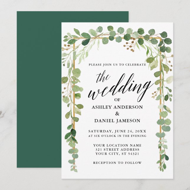 Watercolor Botanical Calligraphy Gold Wedding Invitation (Front/Back)