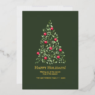 Watercolor Botanical Christmas Tree Family Gold Foil Holiday Card