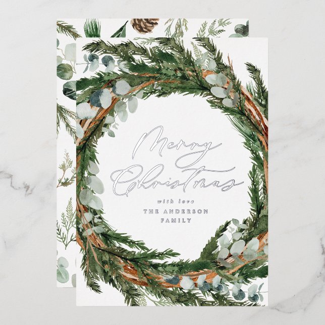 Watercolor botanical elegant script Christmas Foil Holiday Card (Front/Back)
