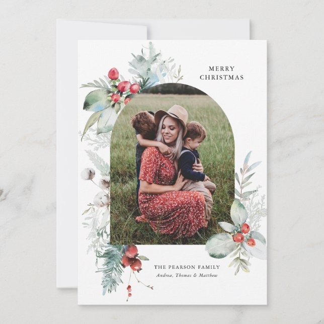 Watercolor Botanical Floral Arch Photo Christmas  Holiday Card (Front)