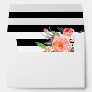 Watercolor Botanical Floral Black White Stripes Envelope