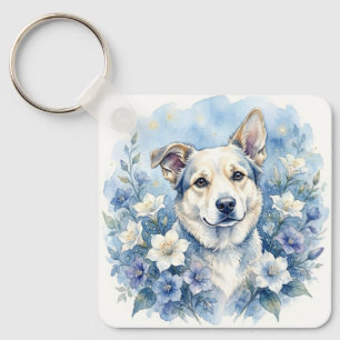 Watercolor Botanical Floral Dog Portrait Keychain