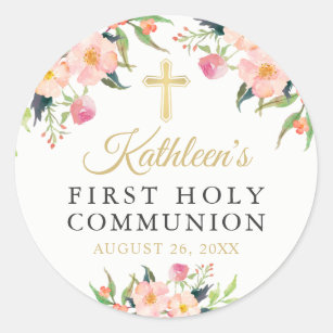 Watercolor Botanical Floral First Holy Communion Classic Round Sticker