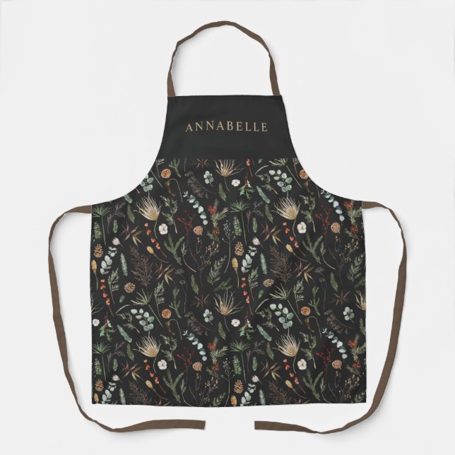 Watercolor botanical floral moody black modern apron (Front)