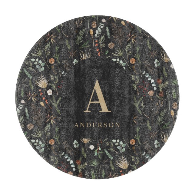 Watercolor botanical floral moody black modern cutting board (Front)