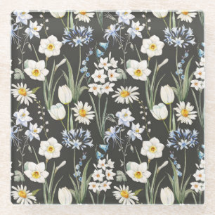 Watercolor botanical, floral spring pattern. glass coaster