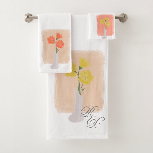 Watercolor Botanical Floral Vase Illustration Bath Towel Set (Insitu)