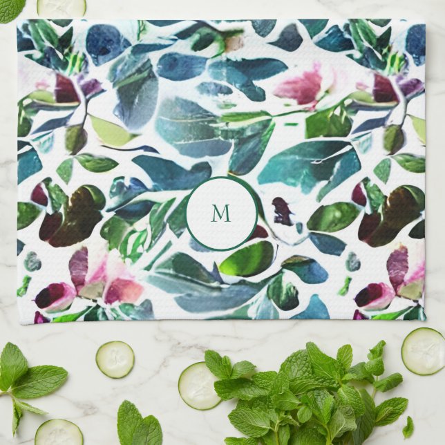 Watercolor botanical flowers elegant monogrammed kitchen towel (Folded)