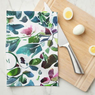 Watercolor botanical flowers elegant monogrammed kitchen towel