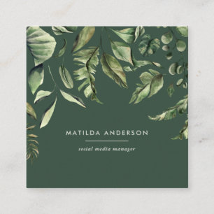 Watercolor botanical foliage modern tropical square business card