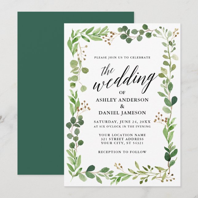 Watercolor Botanical Frame Eucalyptus Wedding Invitation (Front/Back)