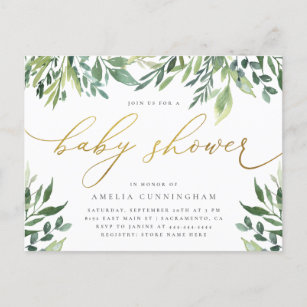 Watercolor Botanical Gold Calligraphy Baby Shower Invitation Postcard