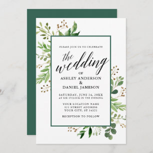 Watercolor Botanical Green Framed Wedding Invitation