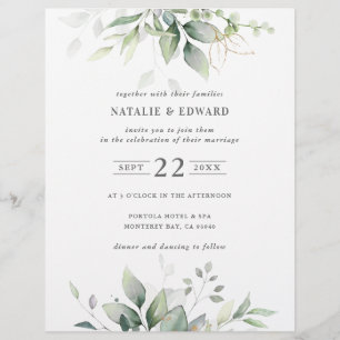 Watercolor botanical green gold elegant wedding flyer