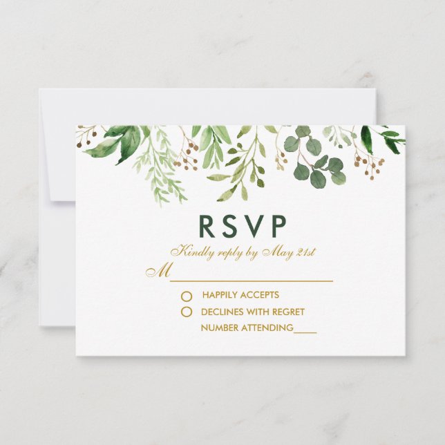 Watercolor Botanical Green Gold RSVP Wedding (Front)